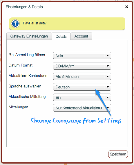 putler-settings-language Select Language from Settings - English and German available as of v1.1