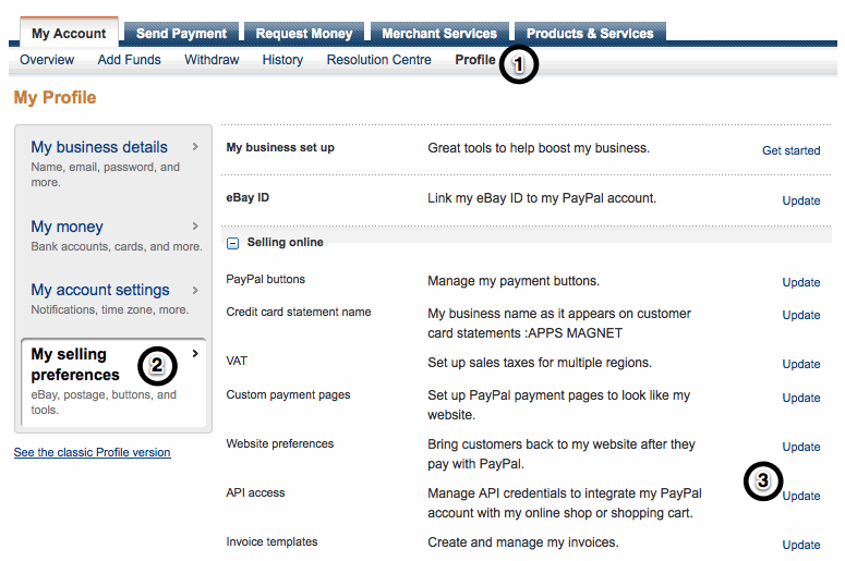 PayPal API username, password and signature - step 1