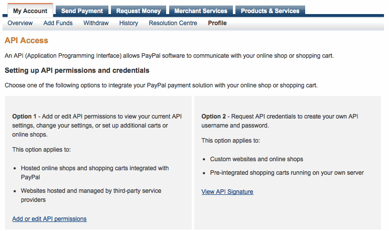 View API details in PayPal admin