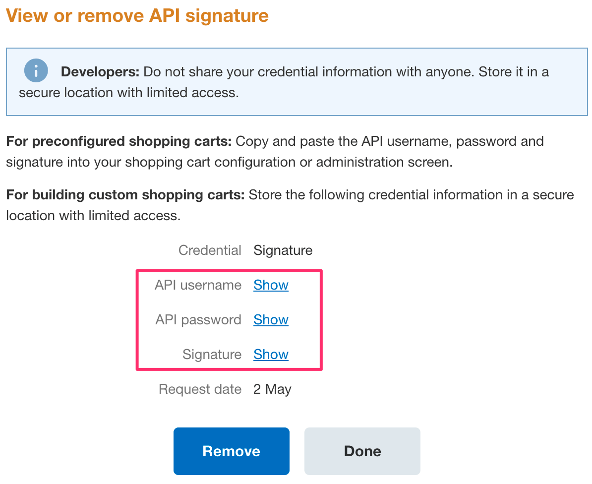 View or Remove API signature