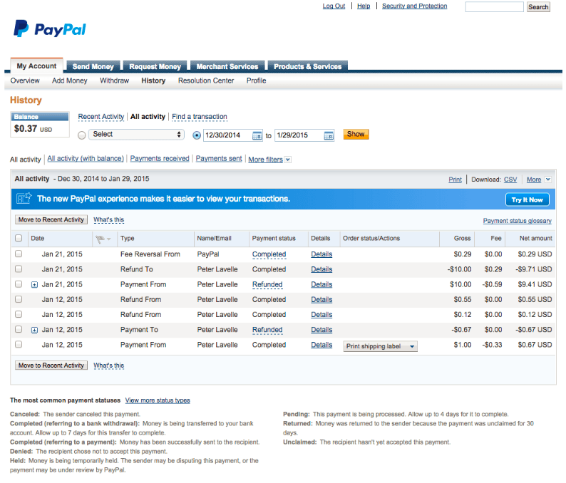 PayPal transaction daily report