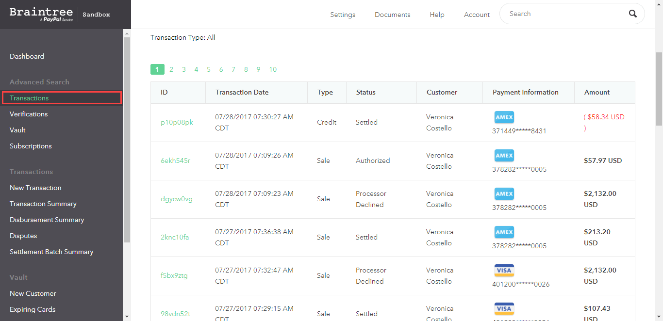 Braintree Transactions Dashboard - stripe alternatives 2024