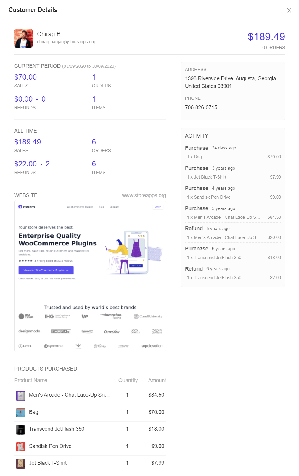 Putler WooCommerce analytics software screenshot