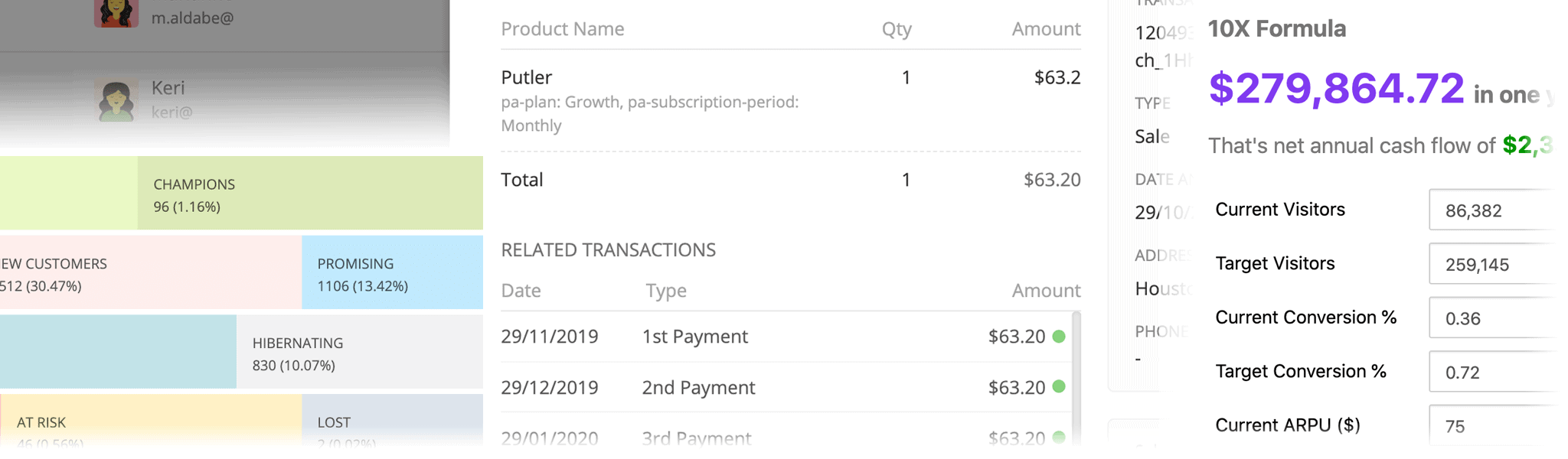 RFM analysis, order details, growth planning tools in Putler