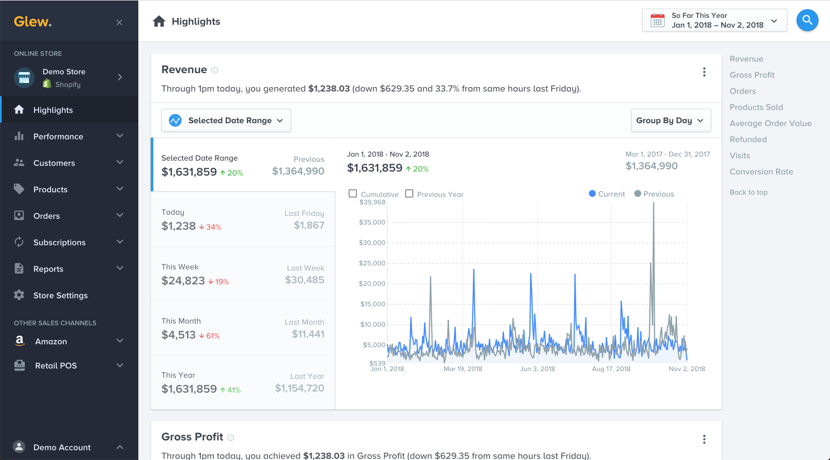 Glew analytics software screenshot