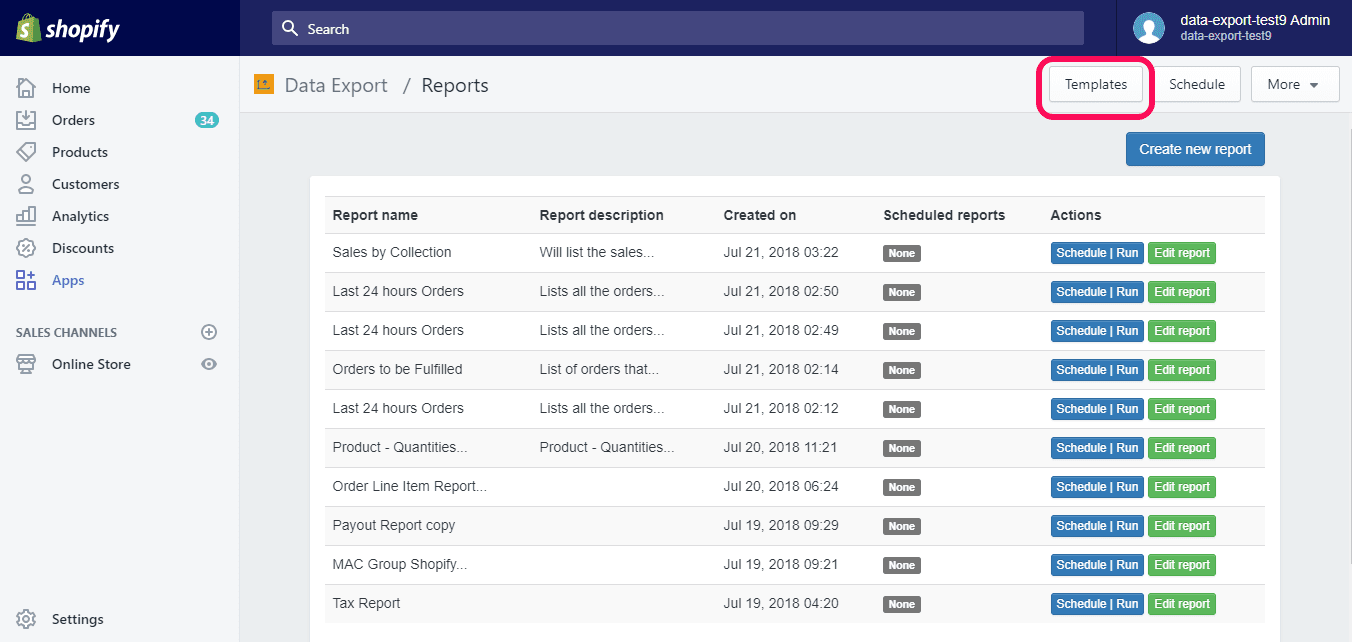 Data Export Reports dashboard