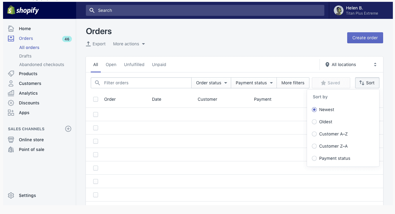 Shopify Export Orders dashboard